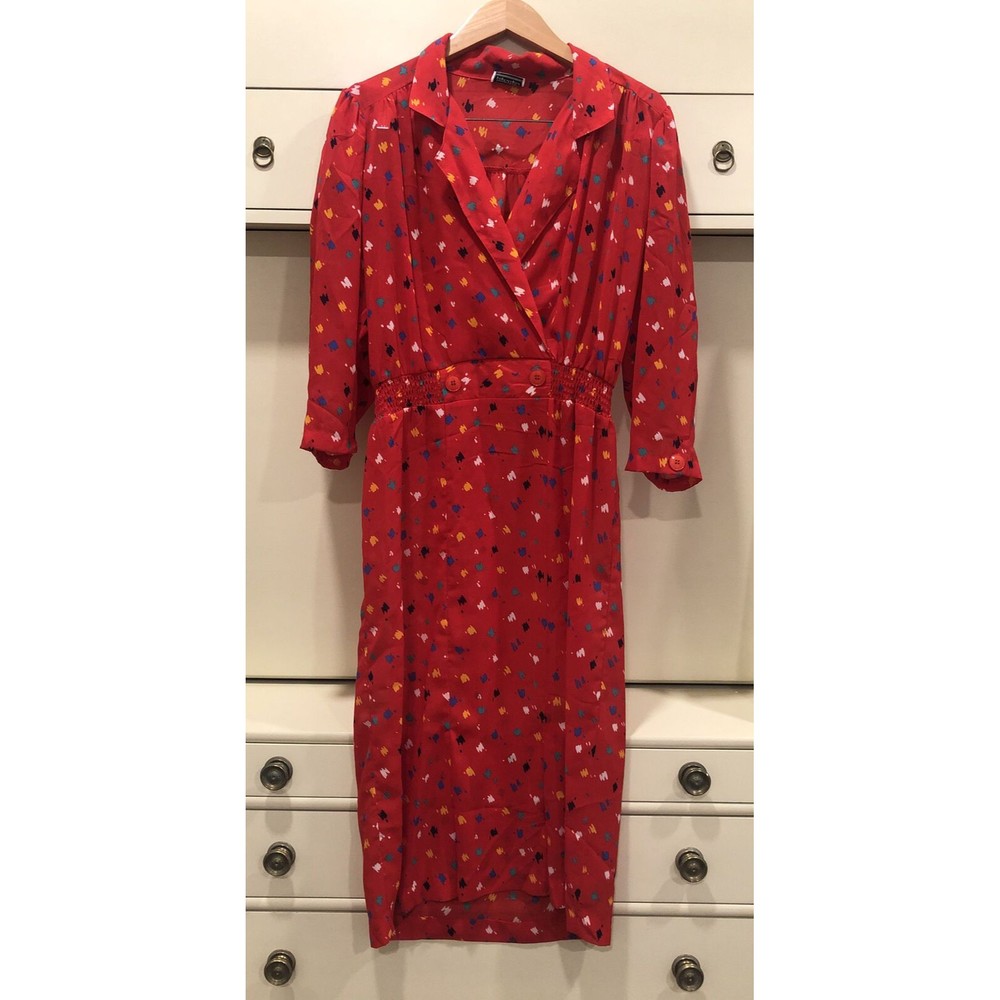 80s Vintage Dress Red Colorful Rad Print Retro Secretary Shoulder Pads Sz Medium